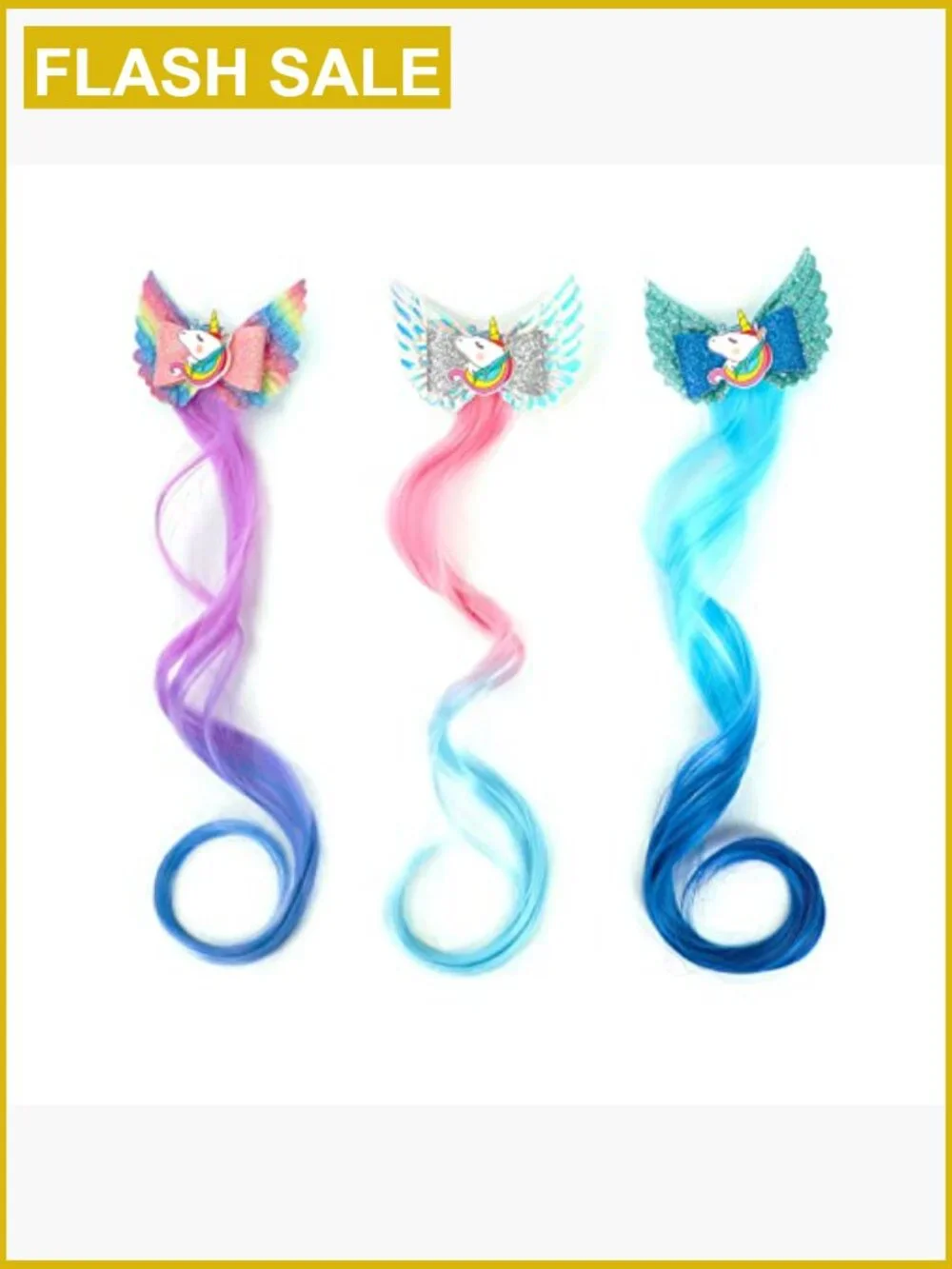 6 Unicorn Hair Bows Clips Glitter Braided Curly Wig Hair Extensions 6pcs